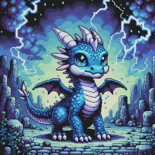 baby blue dragon in retro gaming inspired style